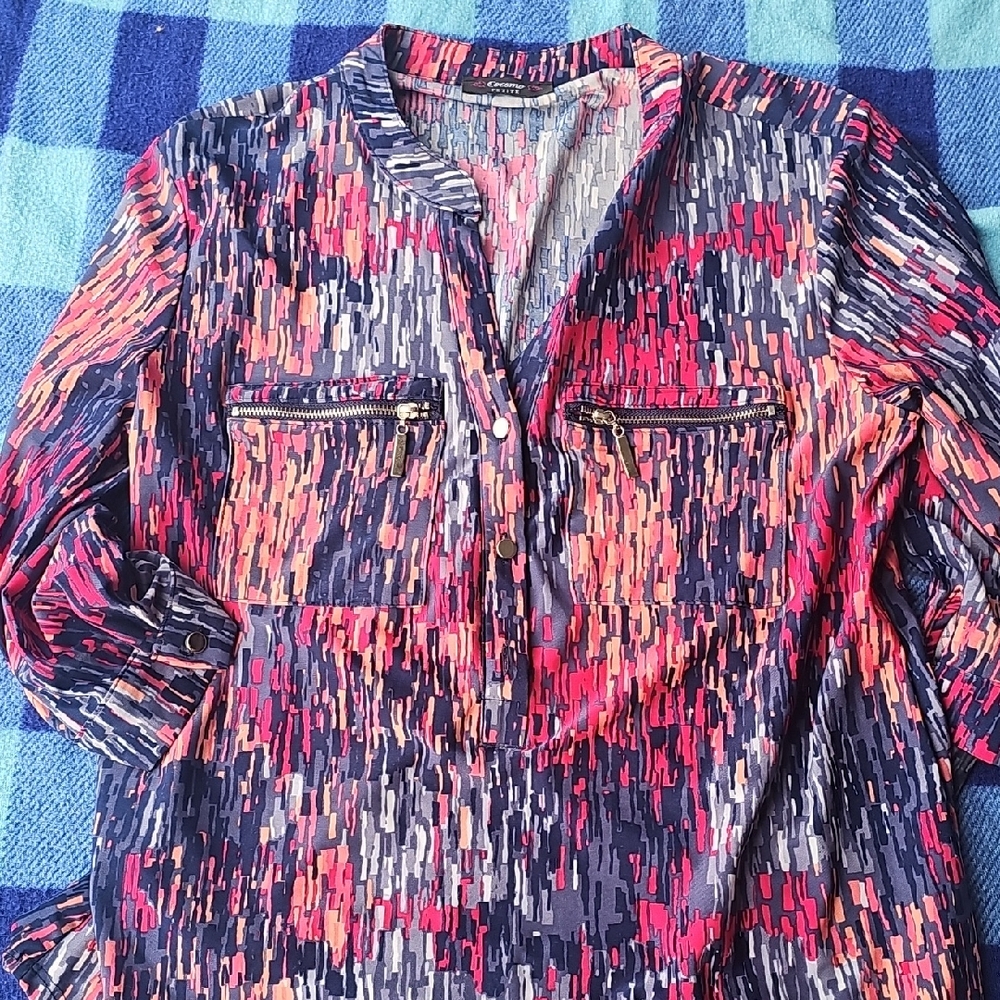 Cocomo Pink and Orange Relaxed Graphic Blouse with Mandarin Collar